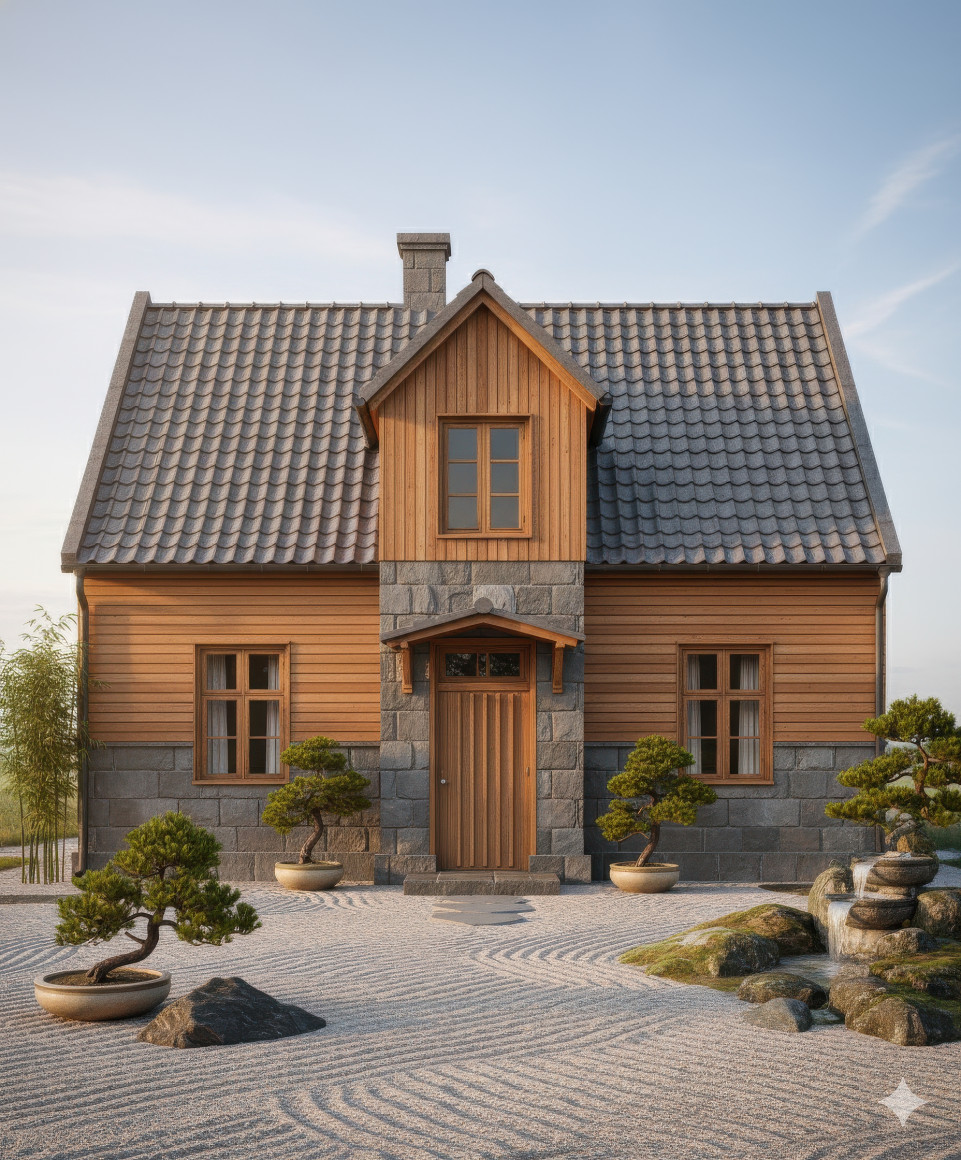 Tranquil japanese home with wood and stone, bonsai garden, and calm morning light