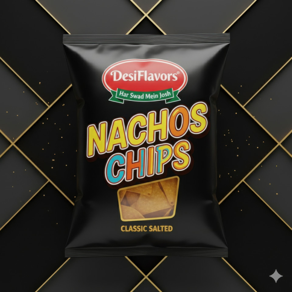 Luxury salted nachos in black and gold layout with golden spark textures and classy lighting