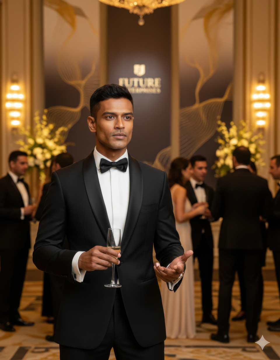 Executive networking at elegant gala event in luxury hall with warm lights and friendly atmosphere