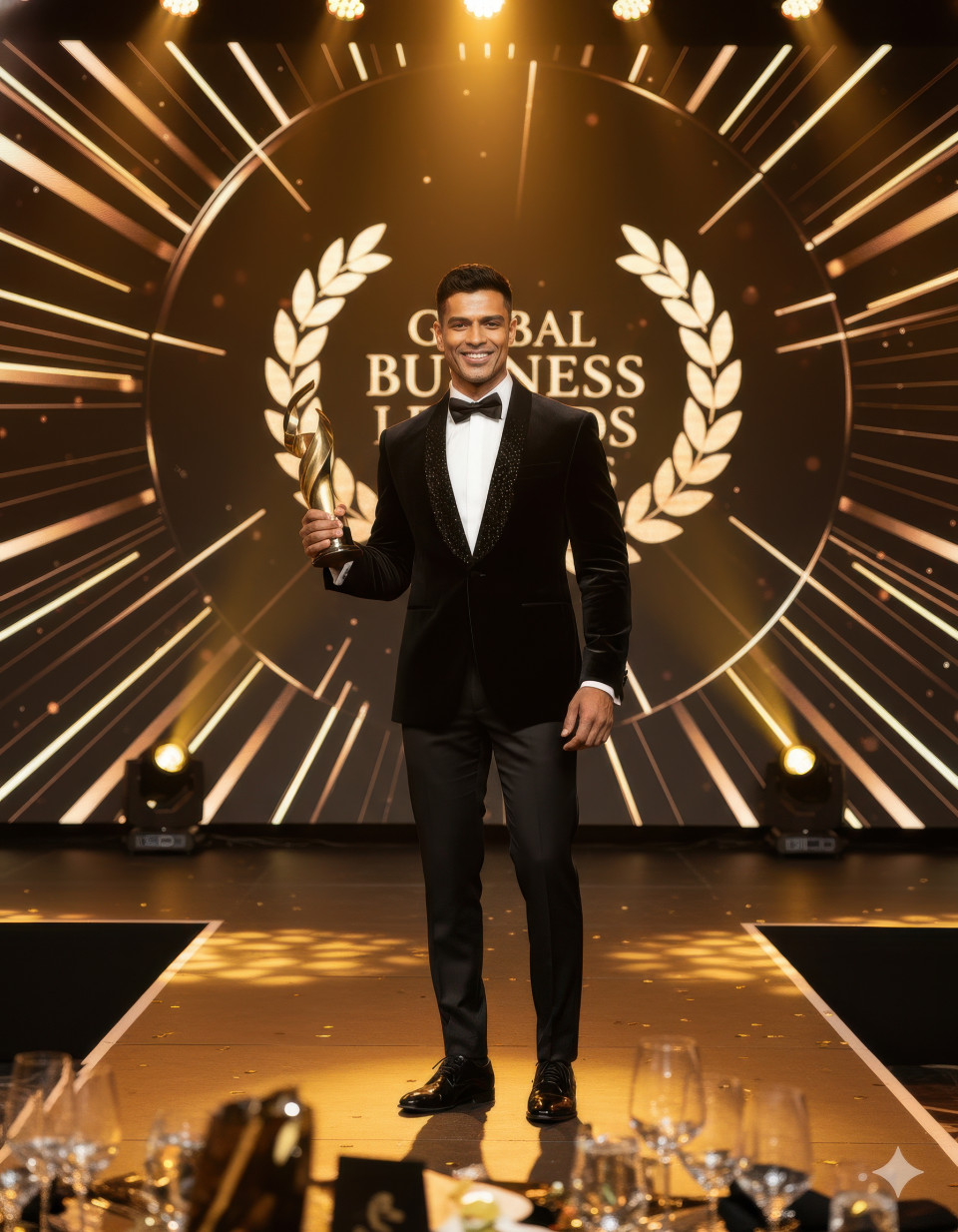 Business professional on stage at awards gala under golden lights celebrating leadership success