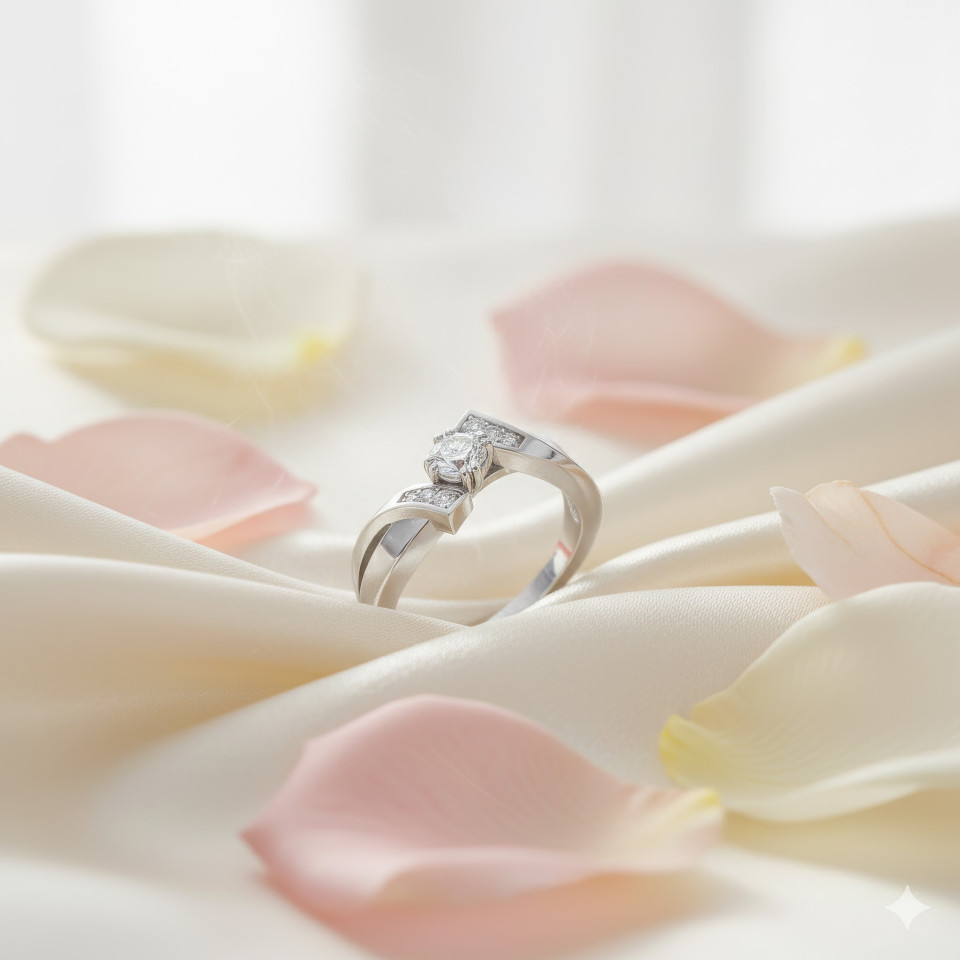 Platinum diamond engagement ring on ivory silk with rose petals