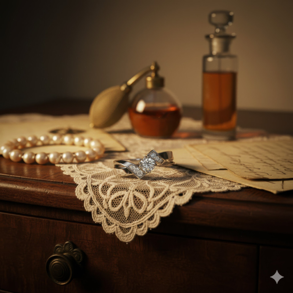 Platinum diamond engagement ring on lace cloth with pearls