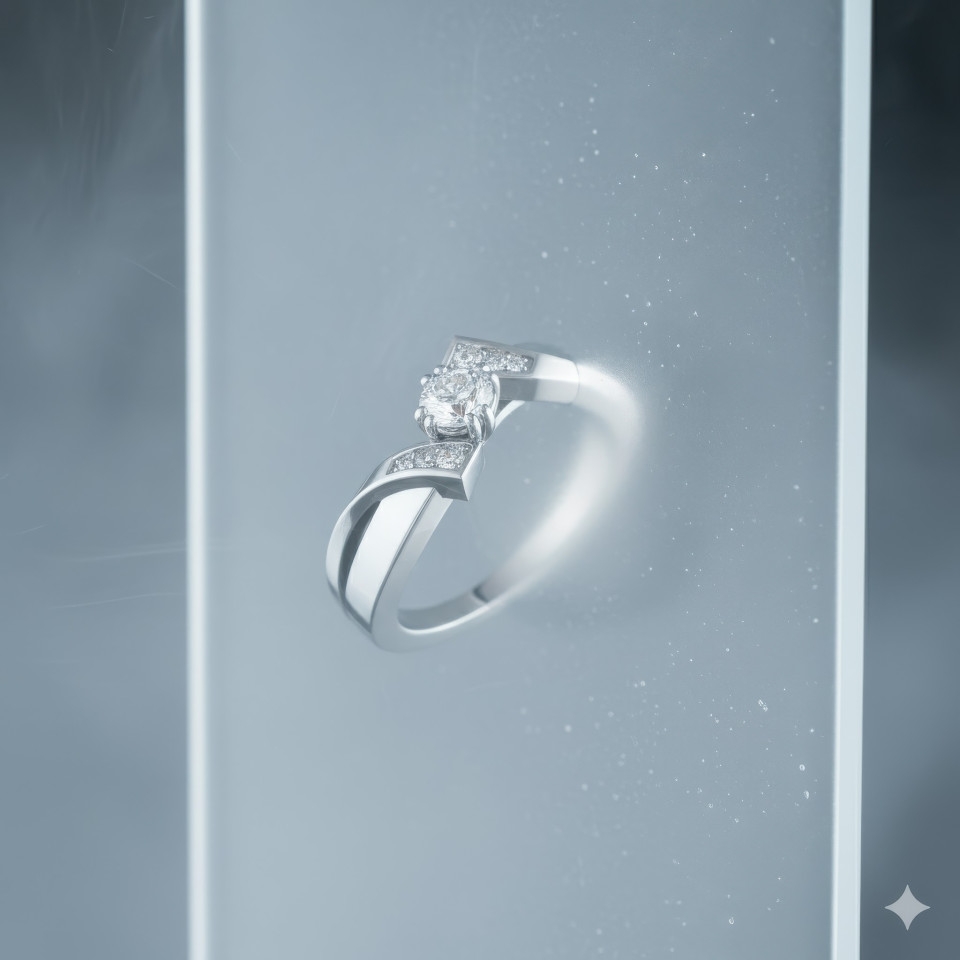 Platinum diamond engagement ring against frosted glass with mist