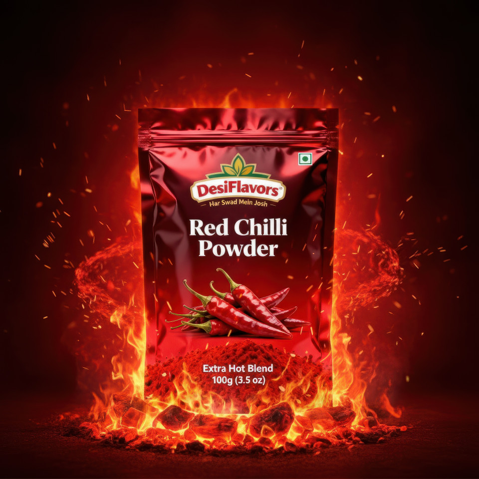 Hot and bold red chilli powder product ads shoot prompt for google gemini on glowing ember rock with spice sparks