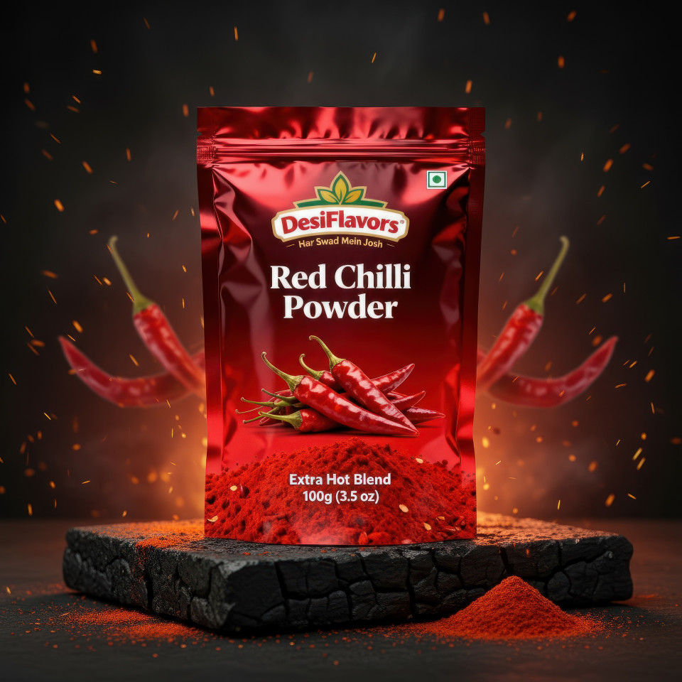 Hot and bold red chilli powder product ads shoot prompt for google gemini with scattered flakes and glowing heat