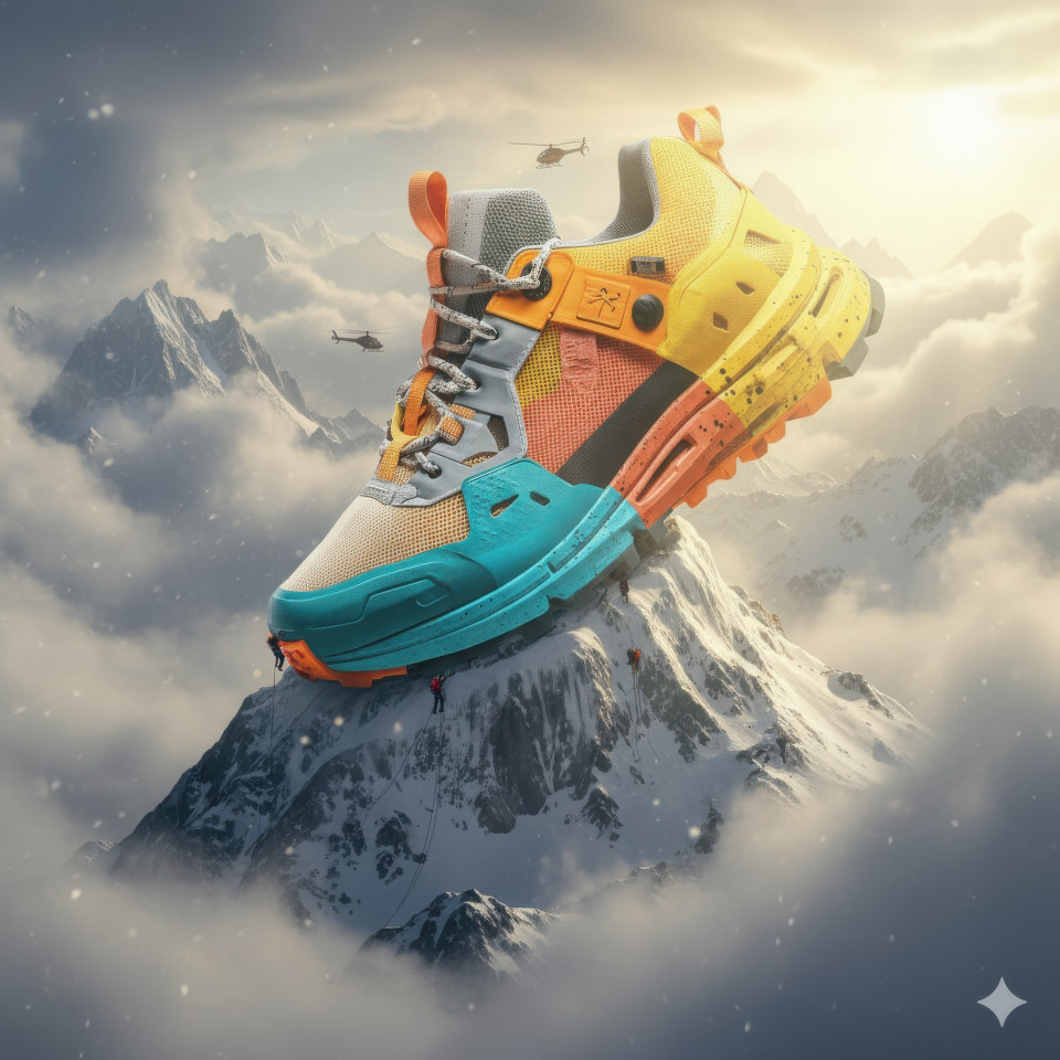 Colossal running shoe on snowy mountain peak