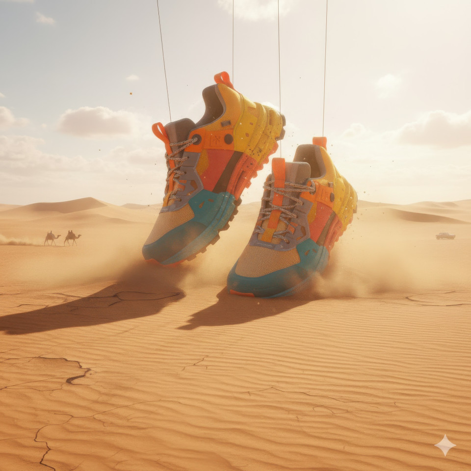 Massive running shoes in desert expanse