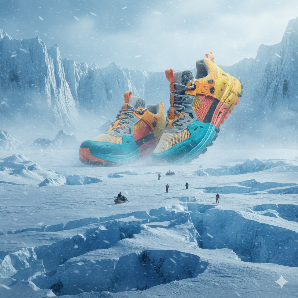 Towering running shoes on icy glacier field