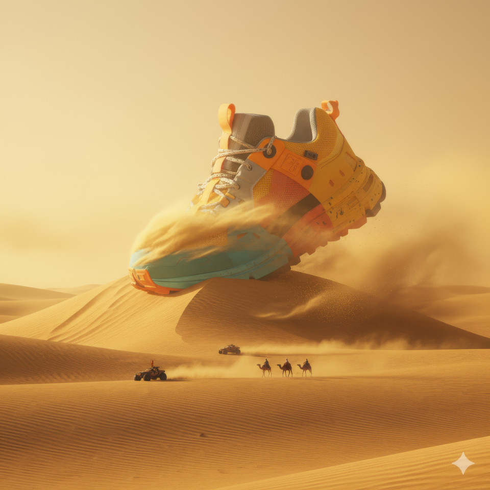 Massive running shoe in golden desert
