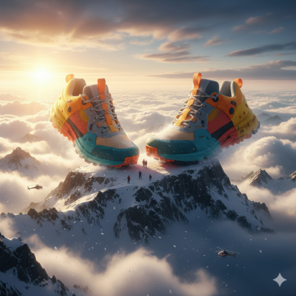 Colossal running shoes on snowy summit