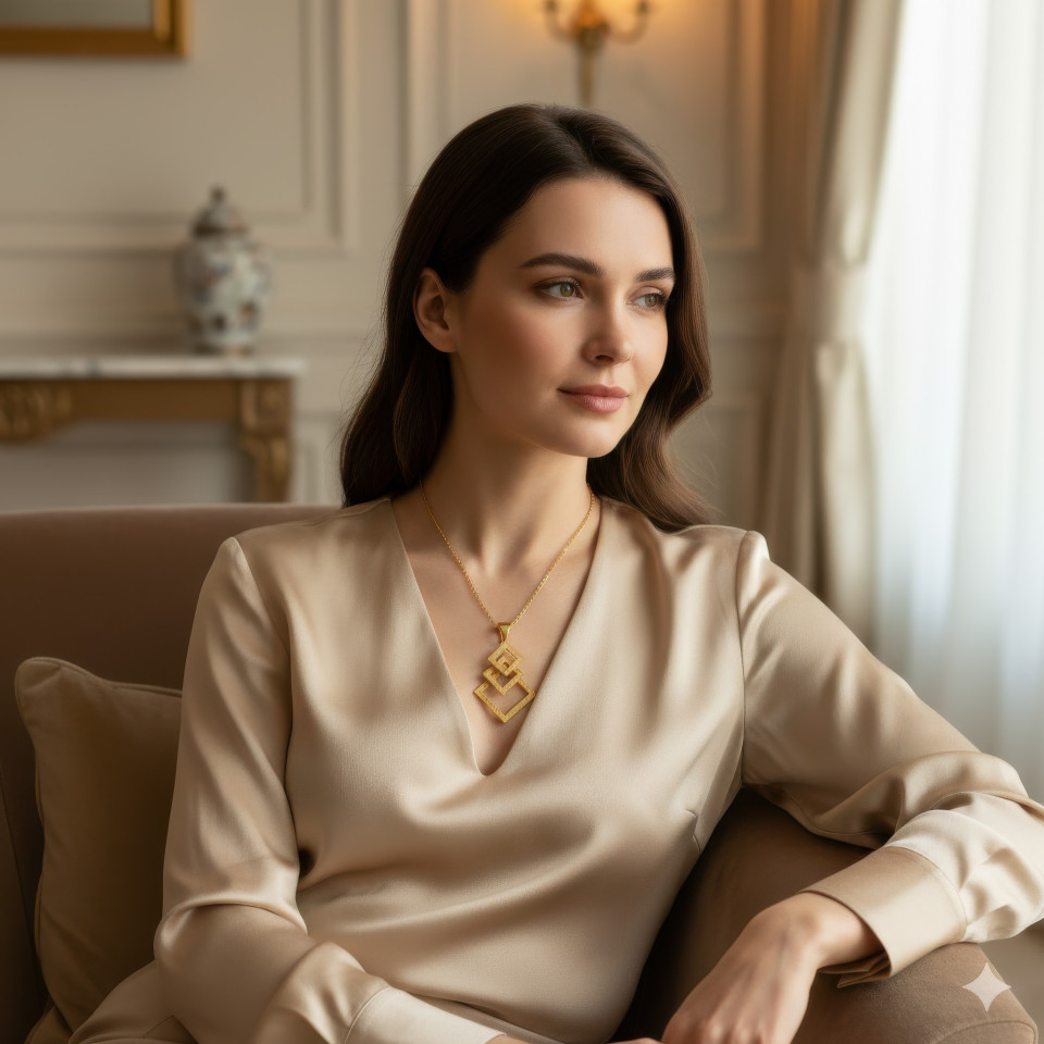 Woman wearing gold pendant in elegant lounge