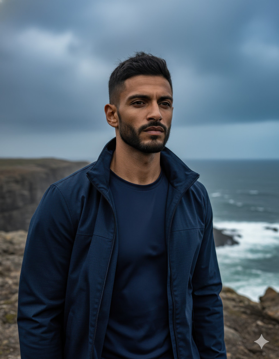 Man in navy windbreaker on ocean cliff