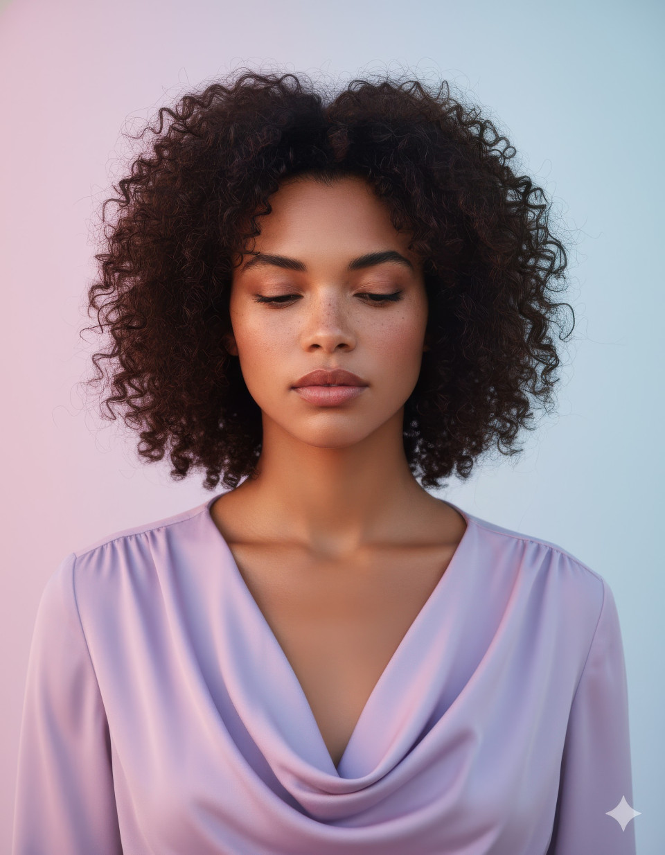 Woman in lavender blouse with pastel background