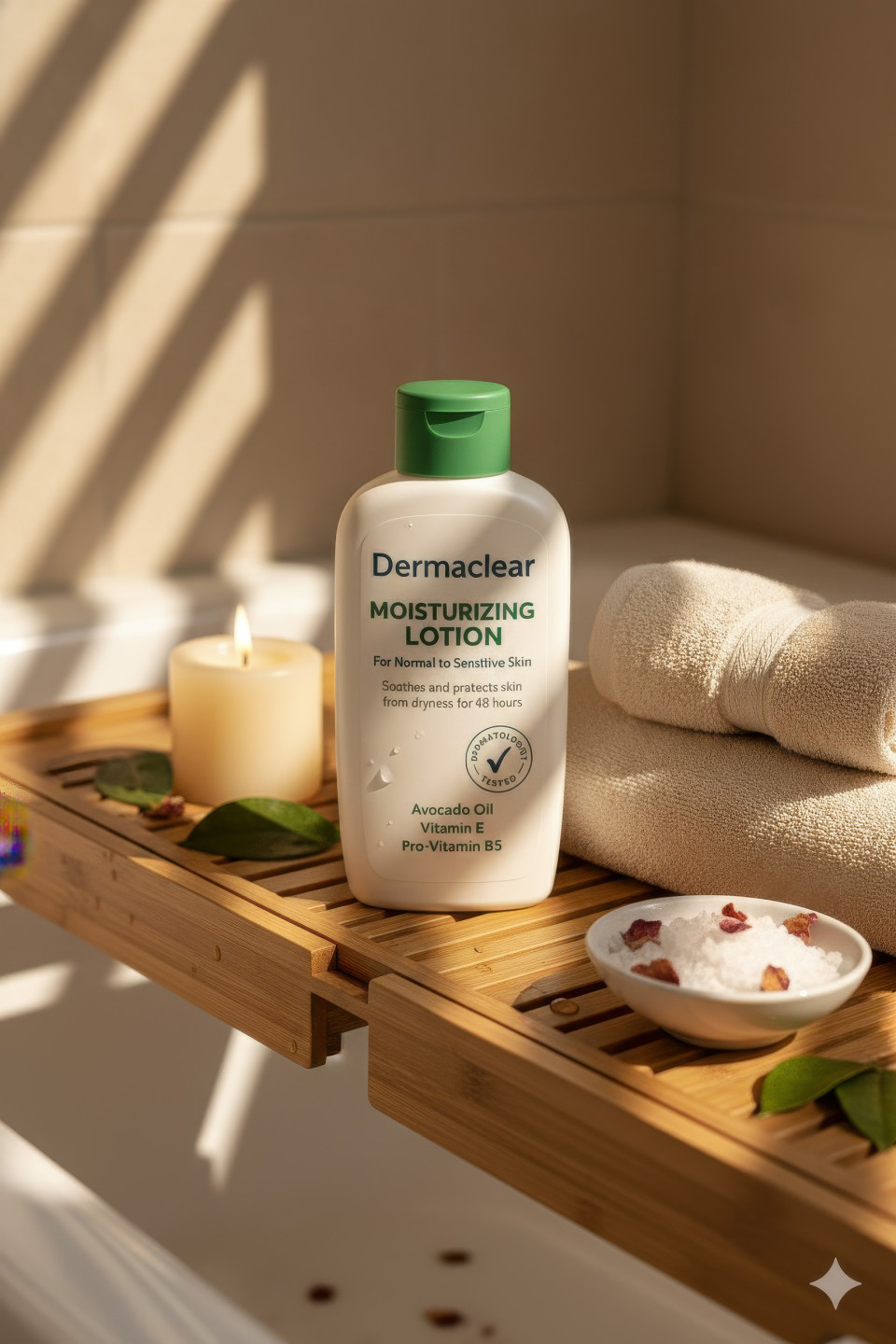 Moisturising lotion with candle and bath salts on bamboo tray