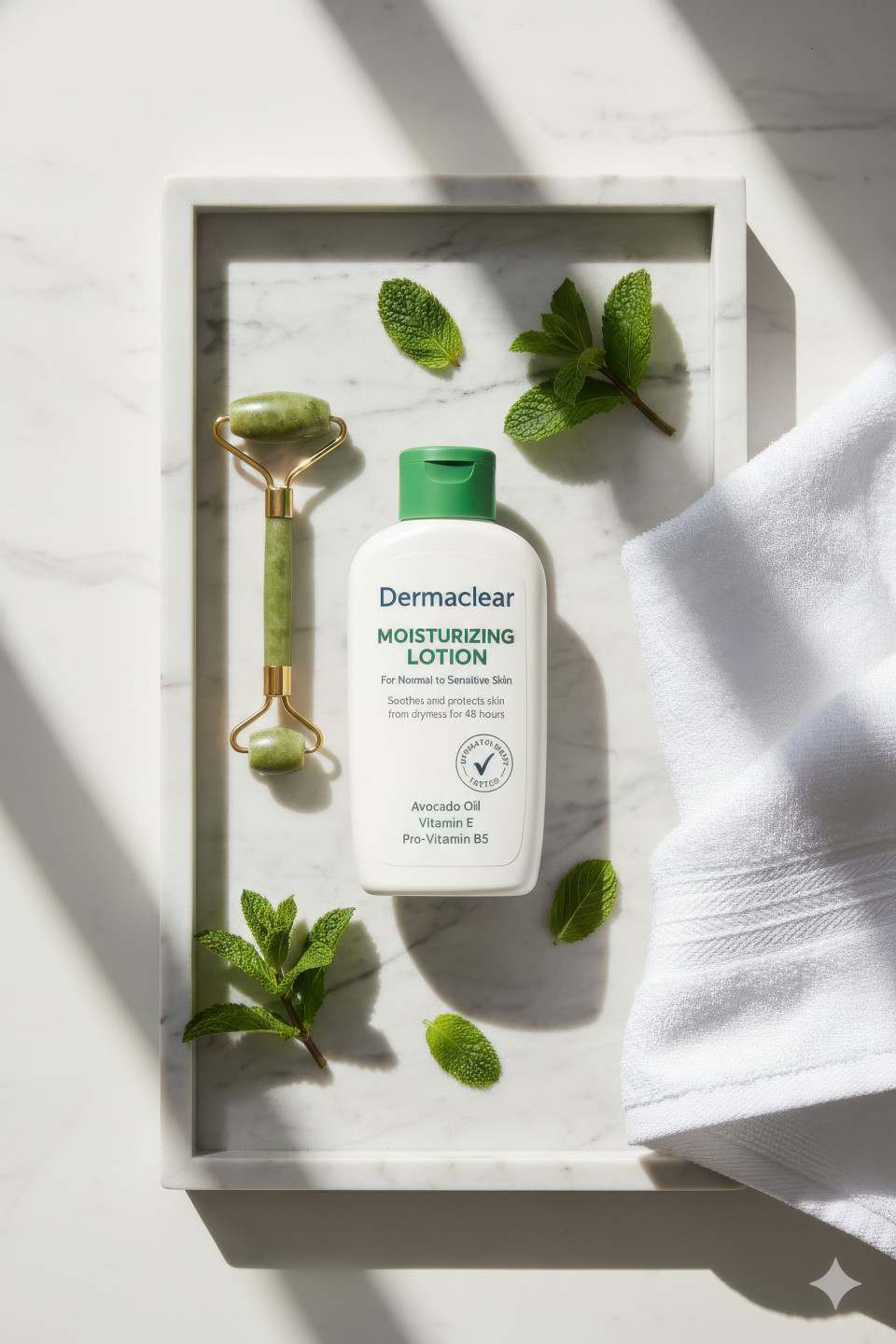 Moisturising lotion with towel and jade roller on marble tray
