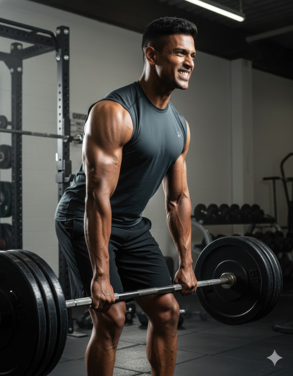 Muscular athlete lifting weights in industrial gym