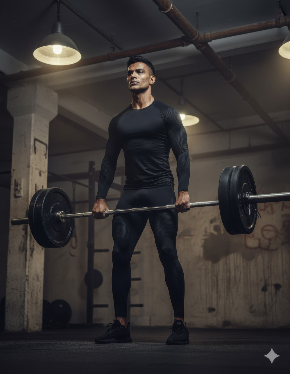 Male athlete performing deadlift in underground gym