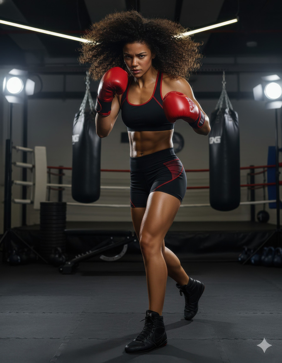 Female boxer mid-punch in modern boxing gym