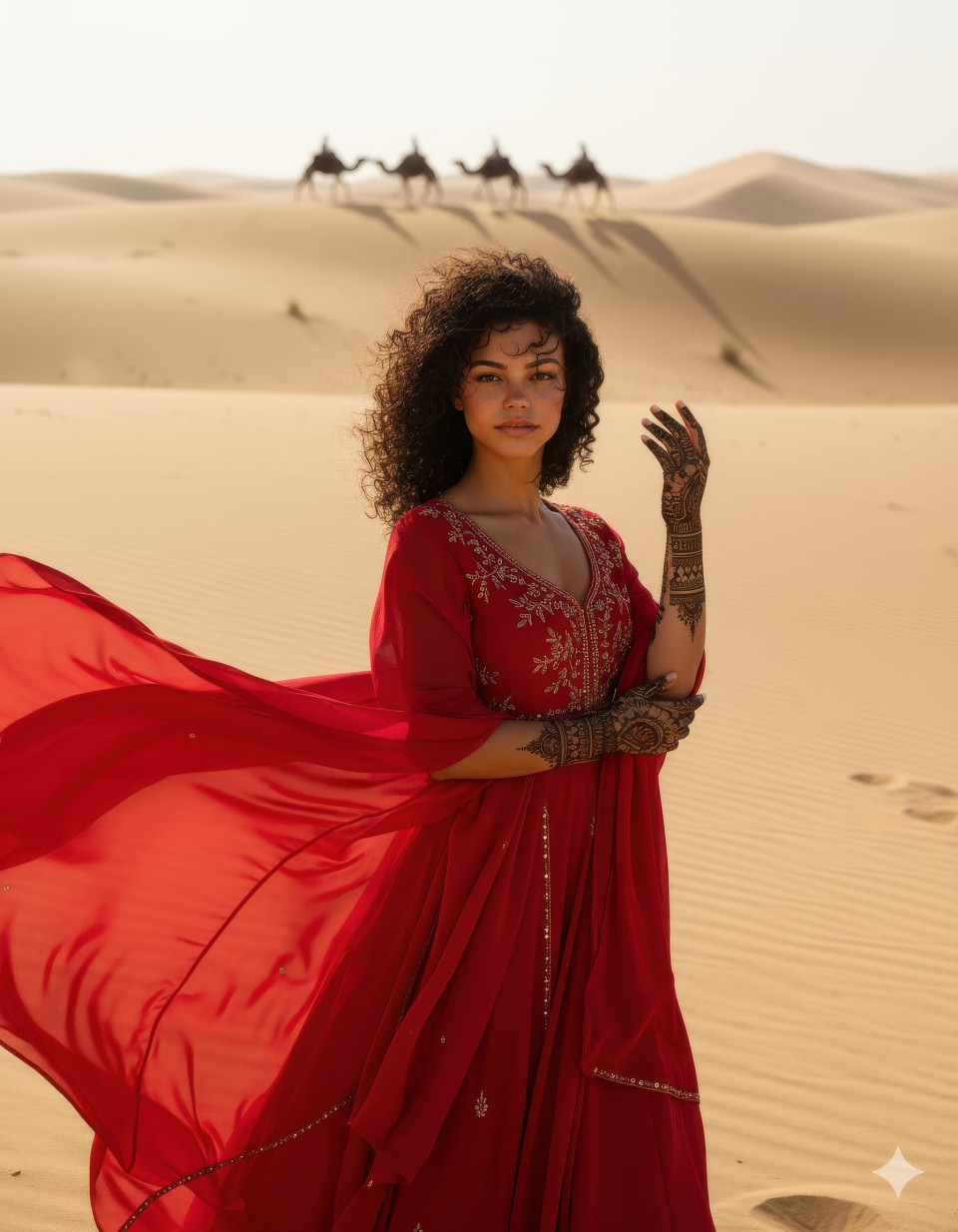 Bride showcasing henna under desert sunlight