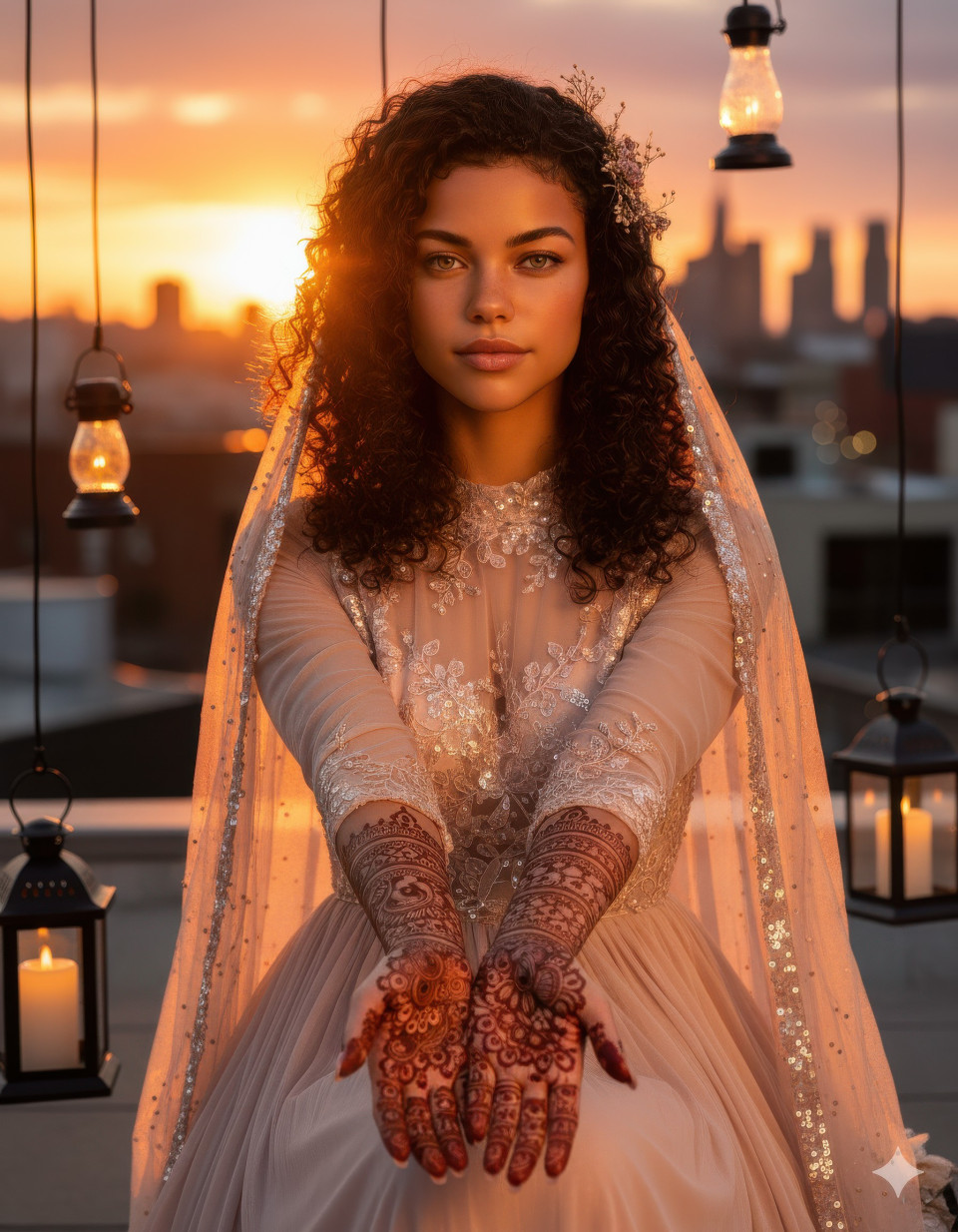 Modern bride showing intricate mehndi at sunset skyline