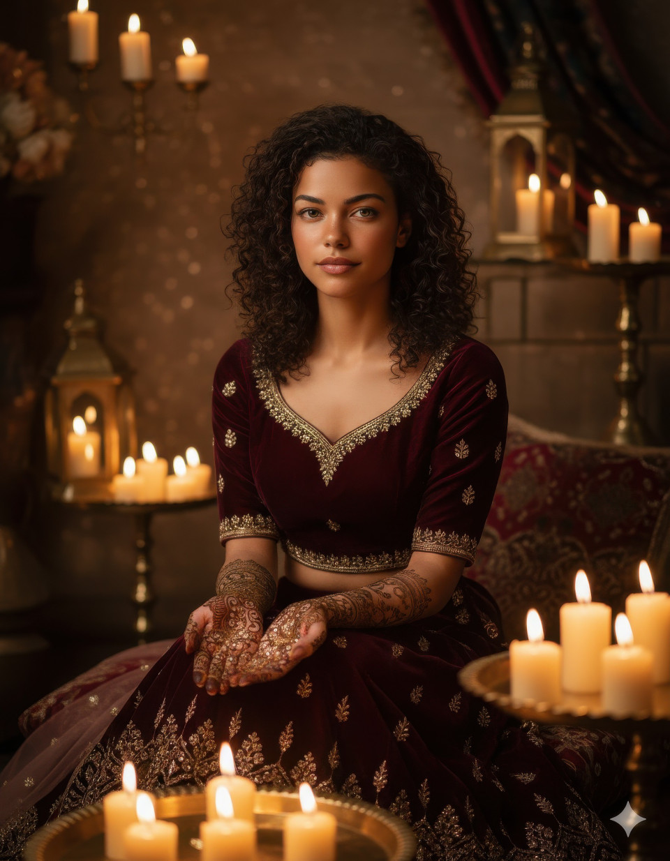 Bride illuminated by candles showing shimmering mehndi
