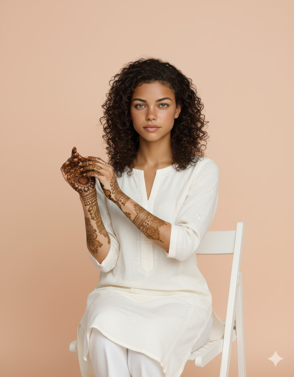 Bride seated on white chair highlighting mehndi