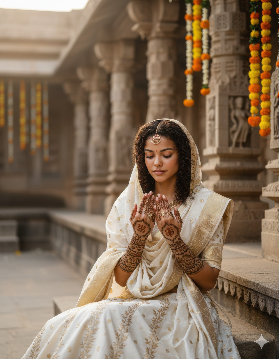 Bride with devotional mehndi designs near temple carvings