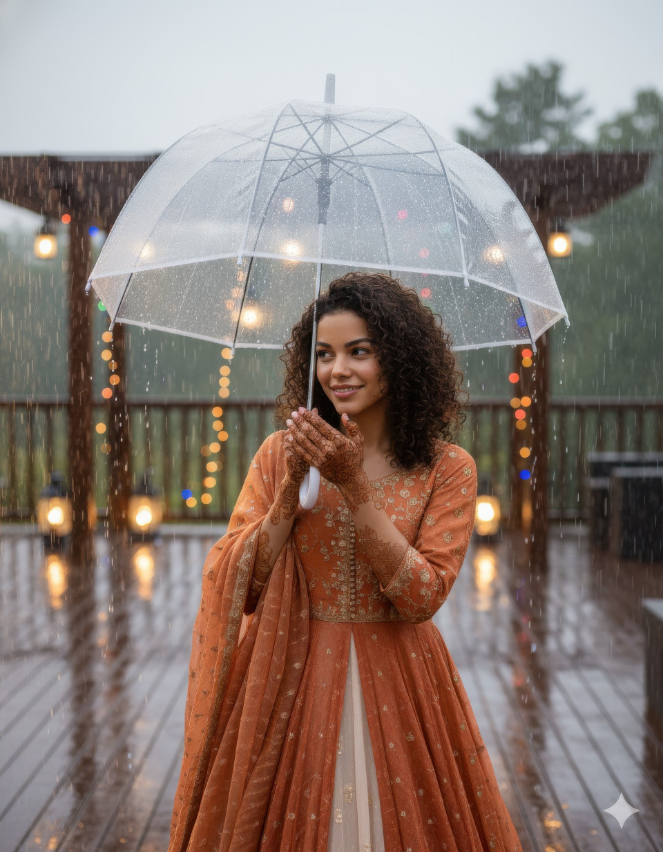 Bride showing mehndi under transparent umbrella