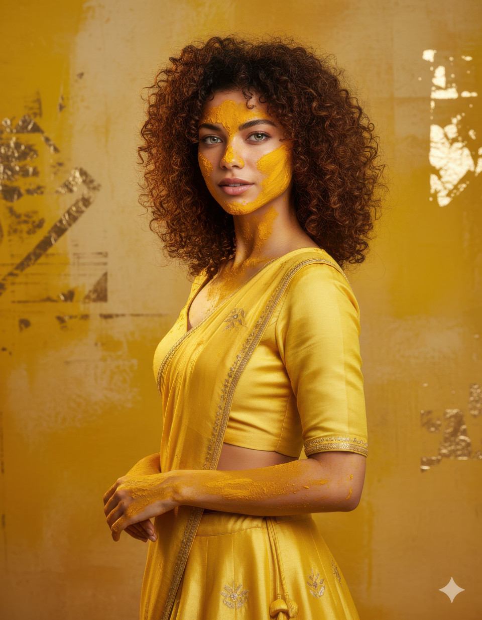 Stylish bride posing in front of artistic yellow backdrop