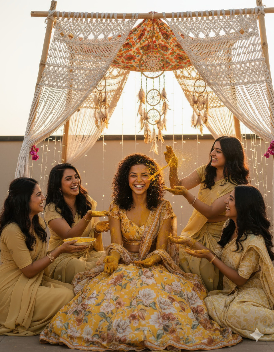 Bride in floral lehenga smiling under boho canopy with friends