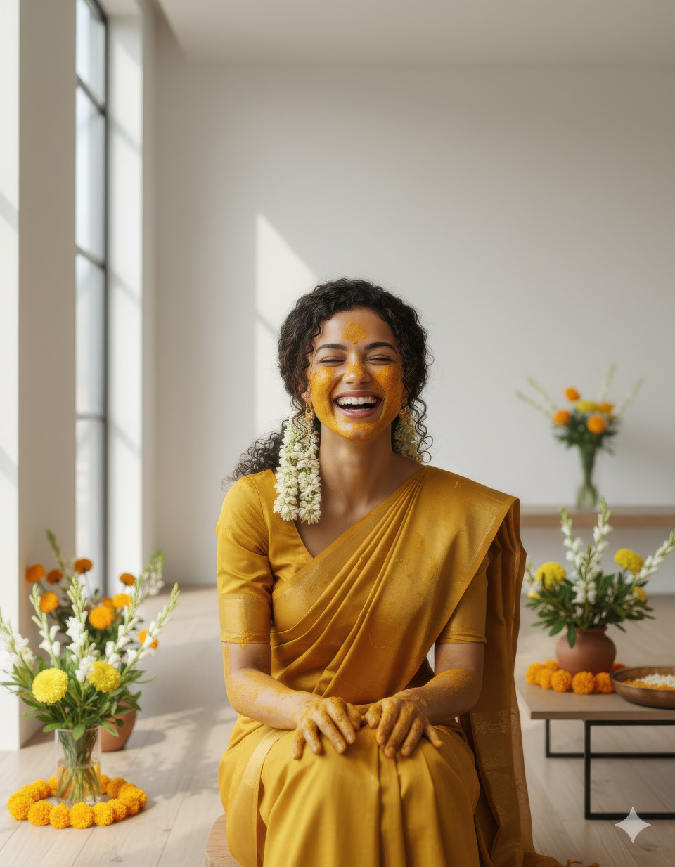 Modern bride laughing during haldi ceremony at home