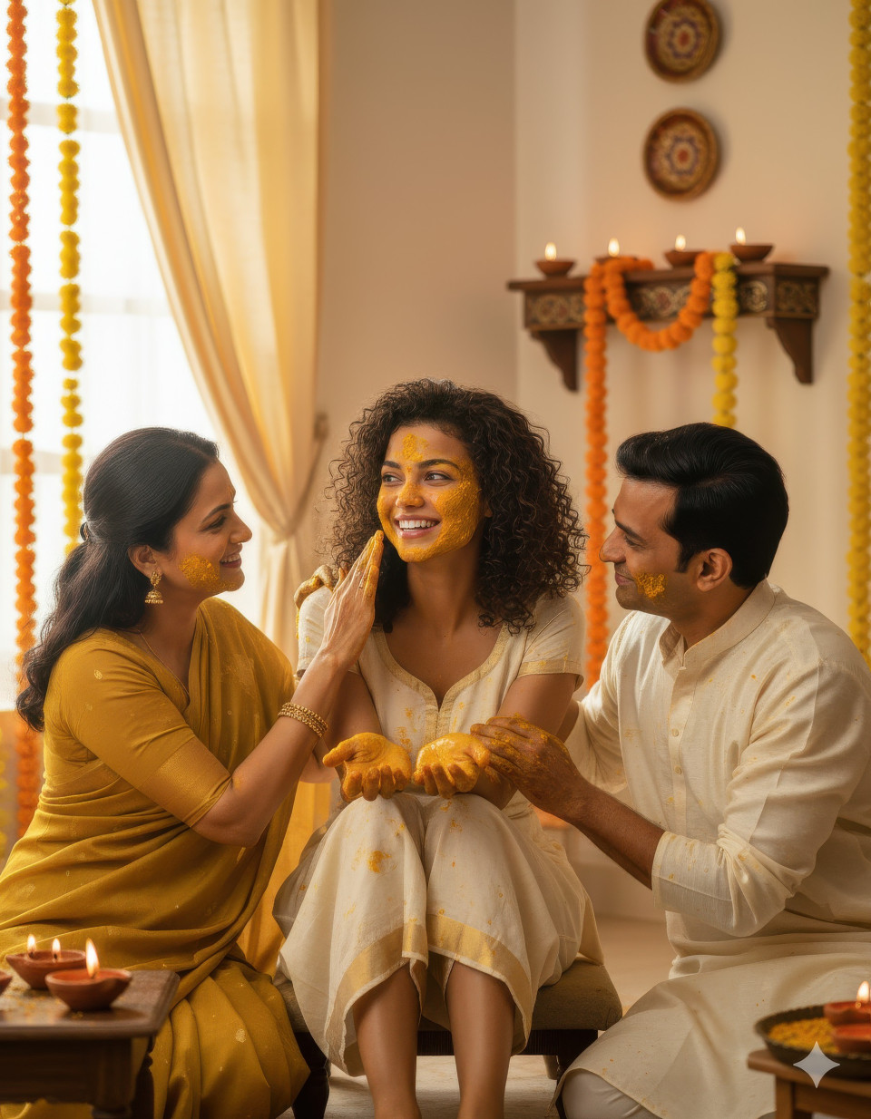 Bride with parents applying turmeric during haldi ritual
