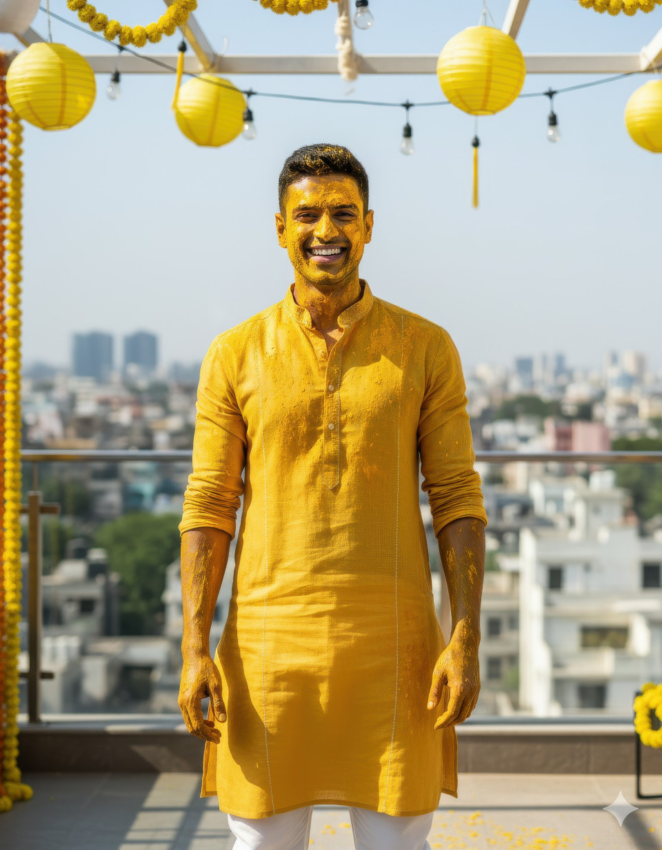 Modern groom in mustard kurta smiling on rooftop haldi