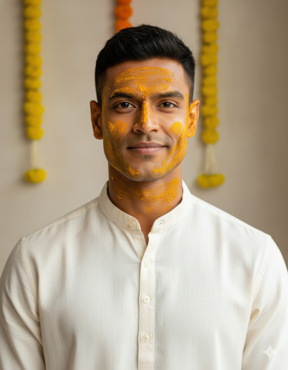 Calm groom in cotton kurta smiling softly with haldi