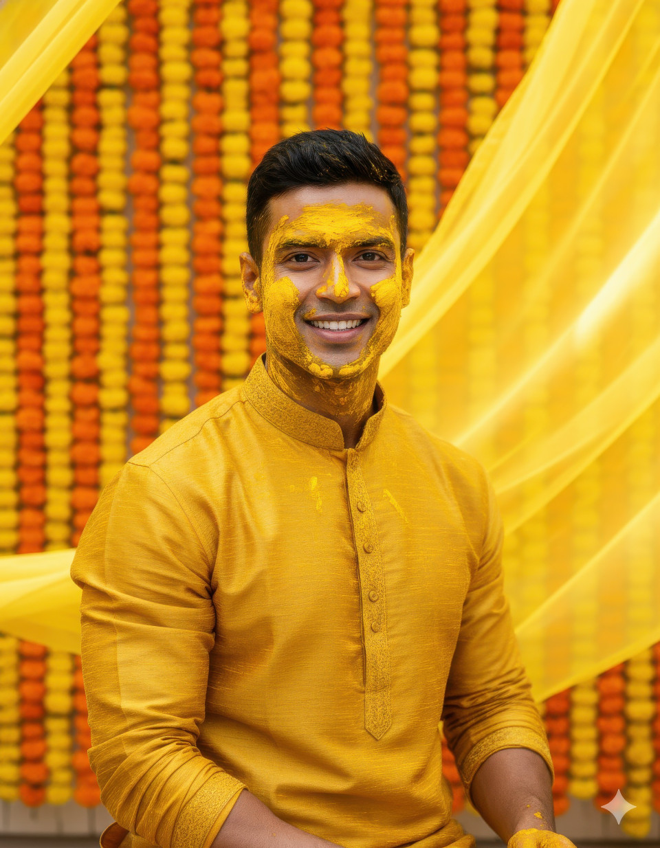 Indian groom smiling in yellow kurta during haldi ceremony