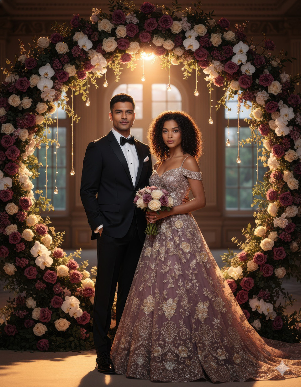 Regal indian couple under rose and orchid arch with string lights
