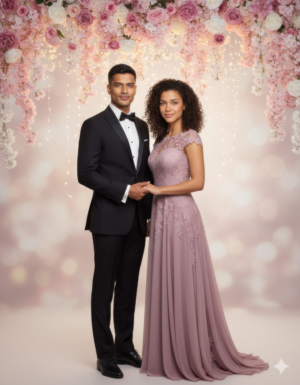 Romantic indian couple holding hands under floral curtain