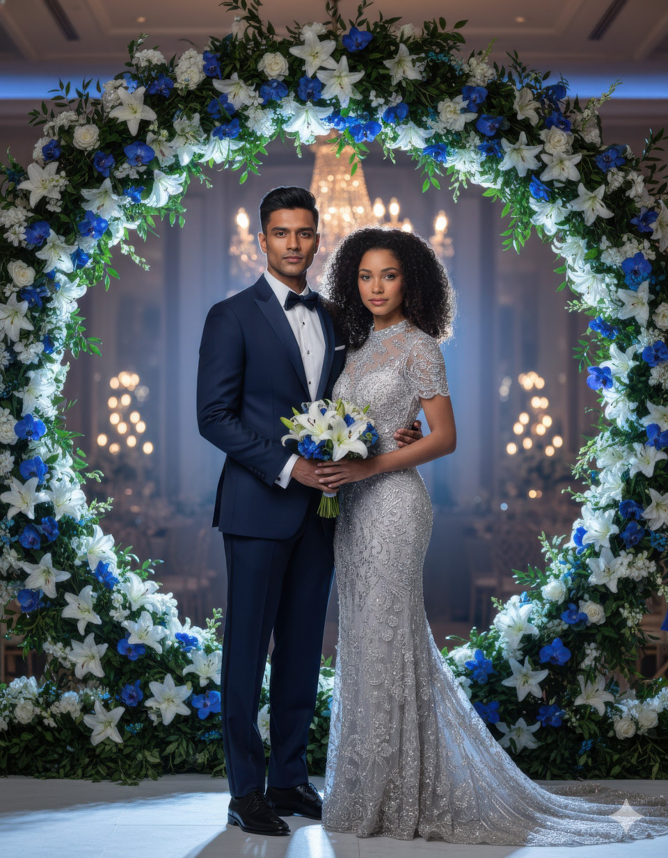 Elegant indian couple posing under floral arch with lilies