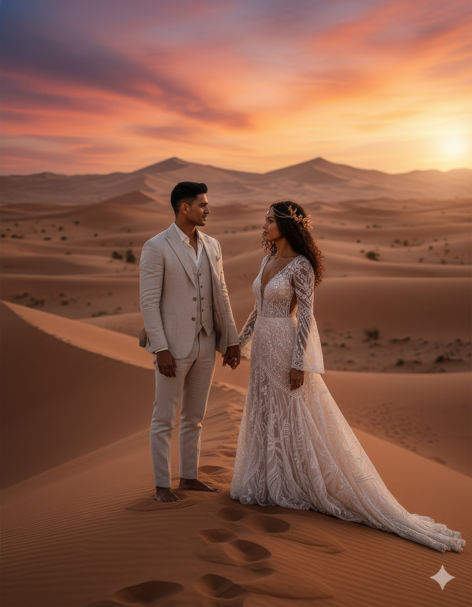 Wedding couple holding hands in desert dunes