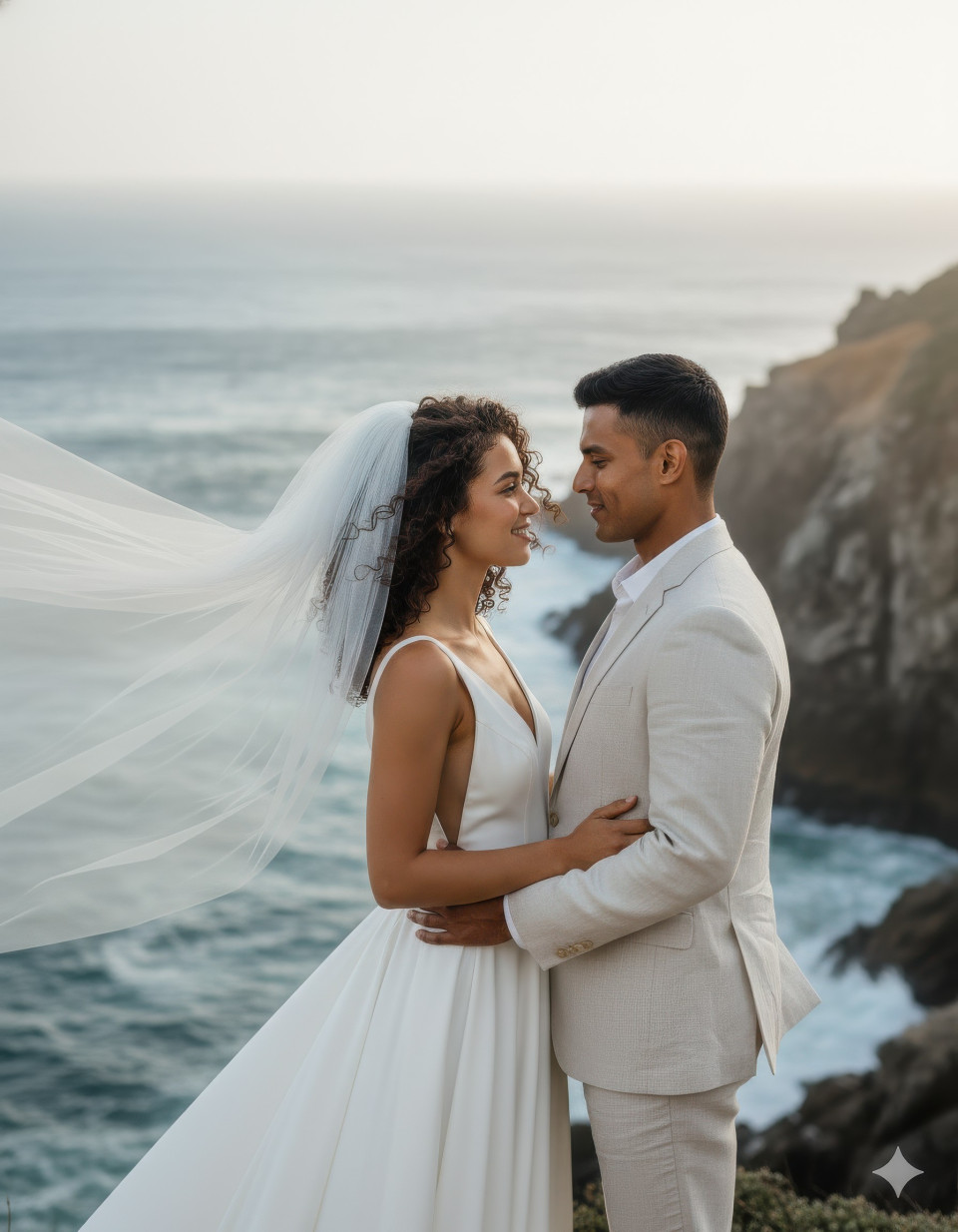Bride’s veil blowing in sea breeze by ocean cliffs