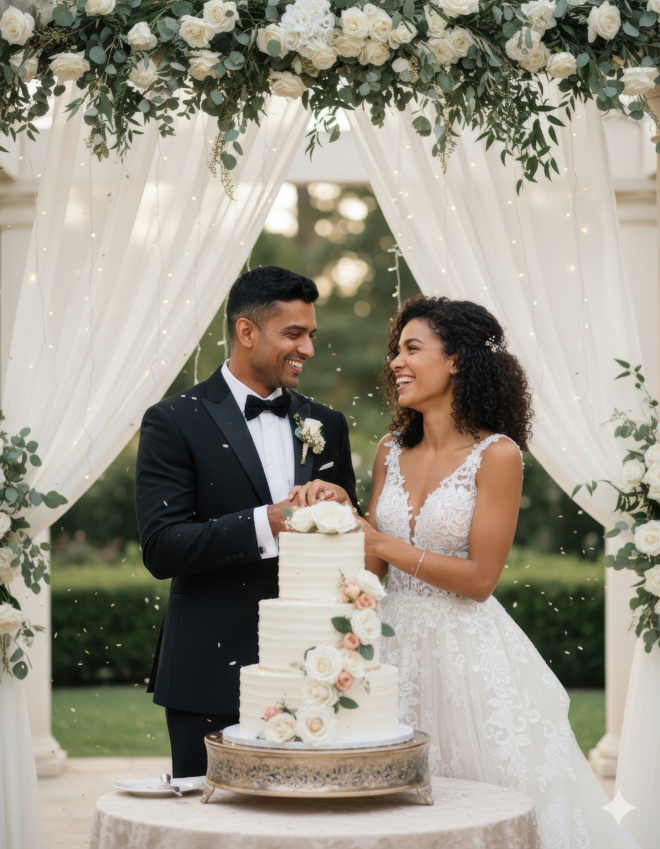 Wedding couple cutting cake beneath floral canopy