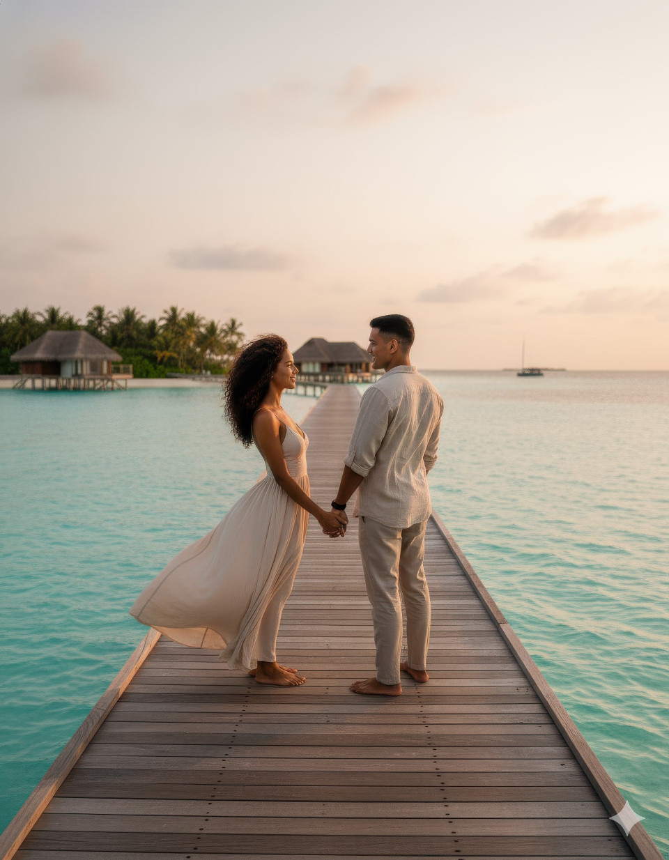 Honeymoon couple holding hands on maldives deck