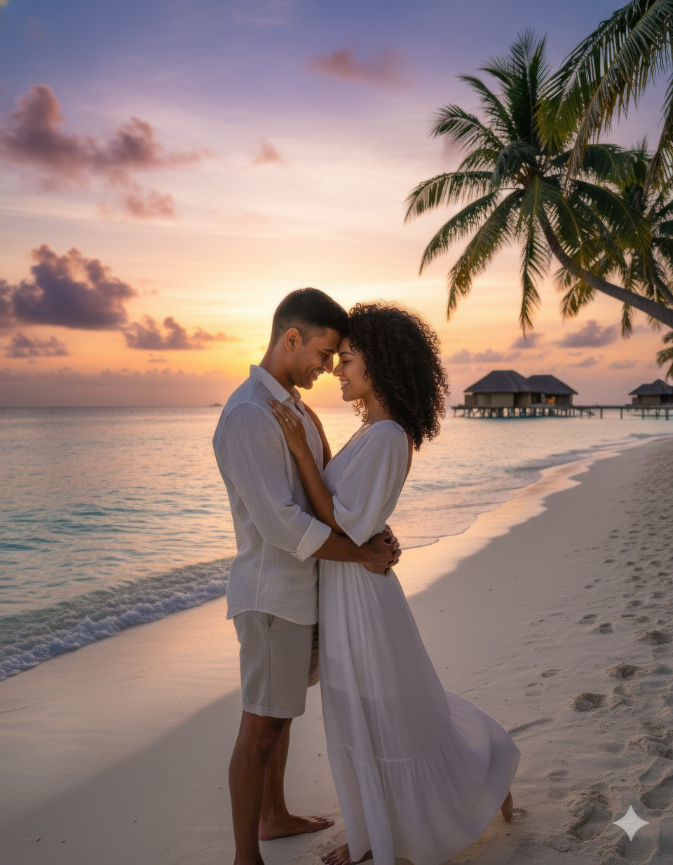 Honeymoon couple embracing on beach in maldives