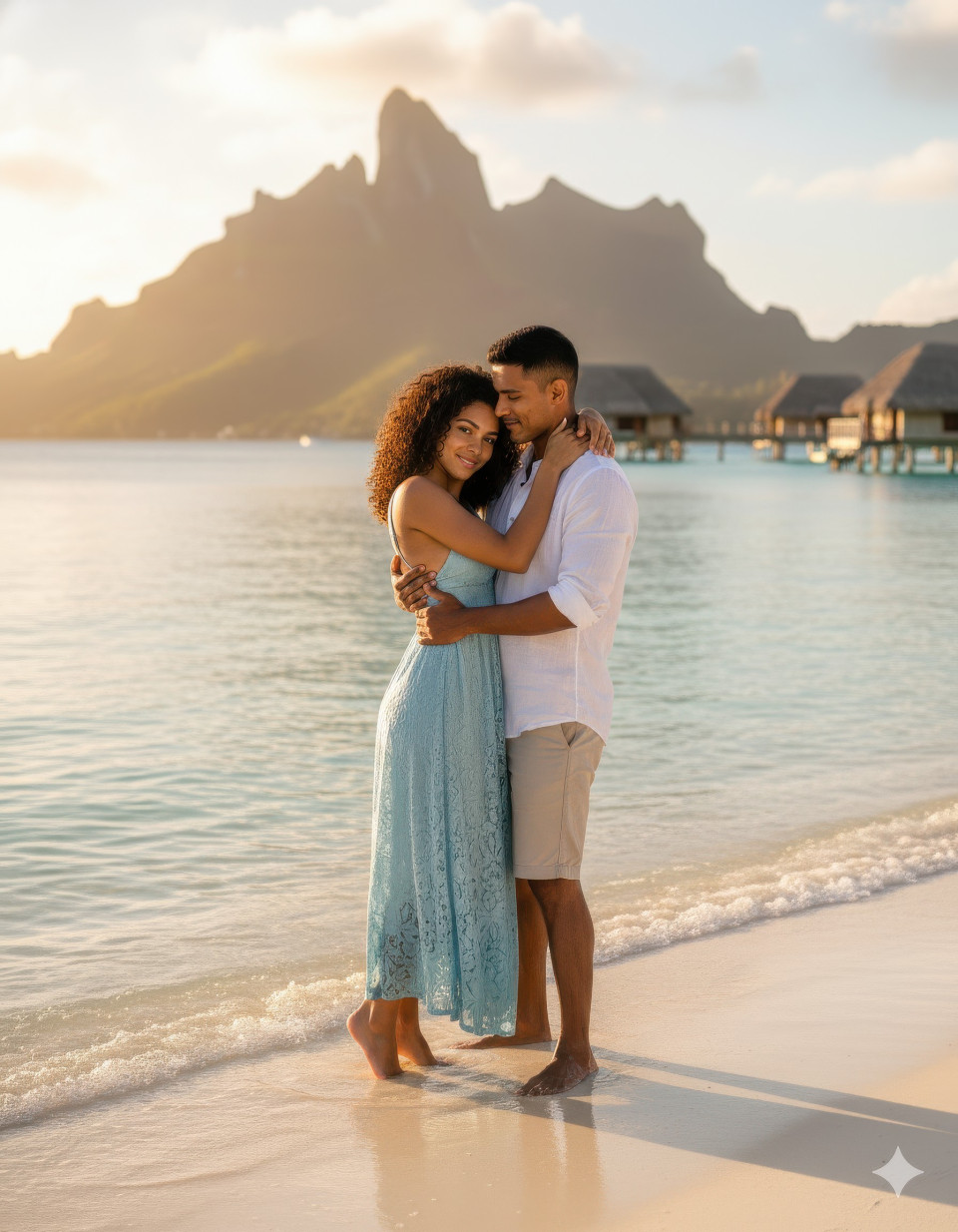 Honeymoon couple embracing on bora bora beach