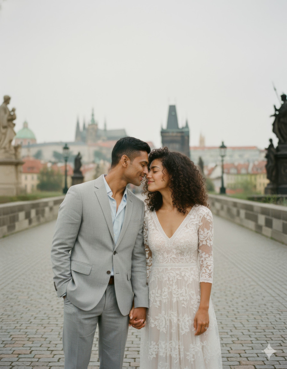 Newlywed couple whispering on charles bridge, prague
