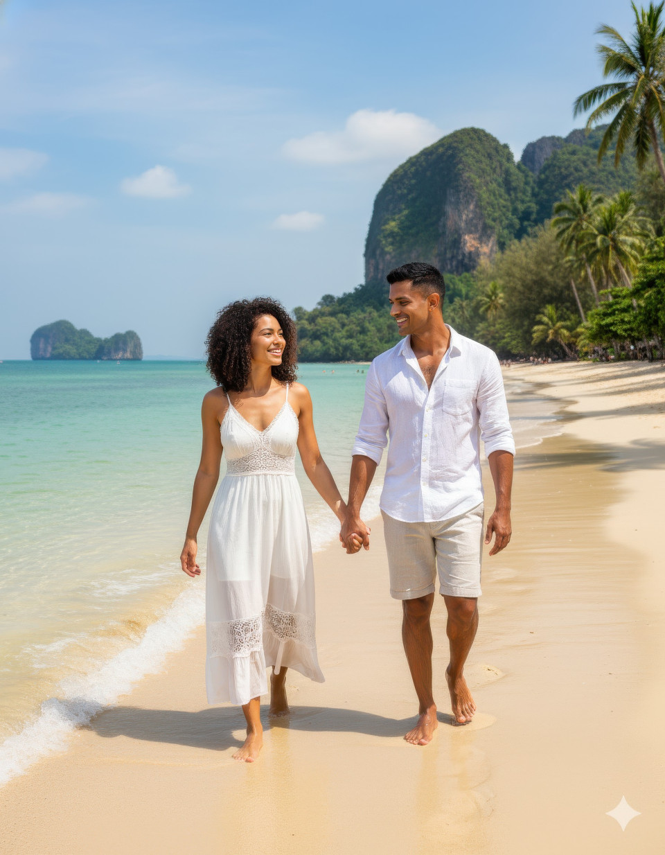 Honeymoon couple walking barefoot on phuket beach