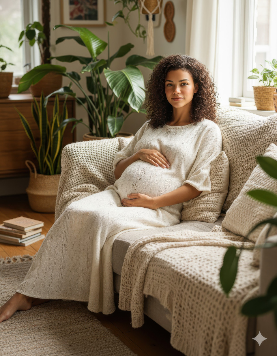 Cozy indoor maternity portrait with boho style
