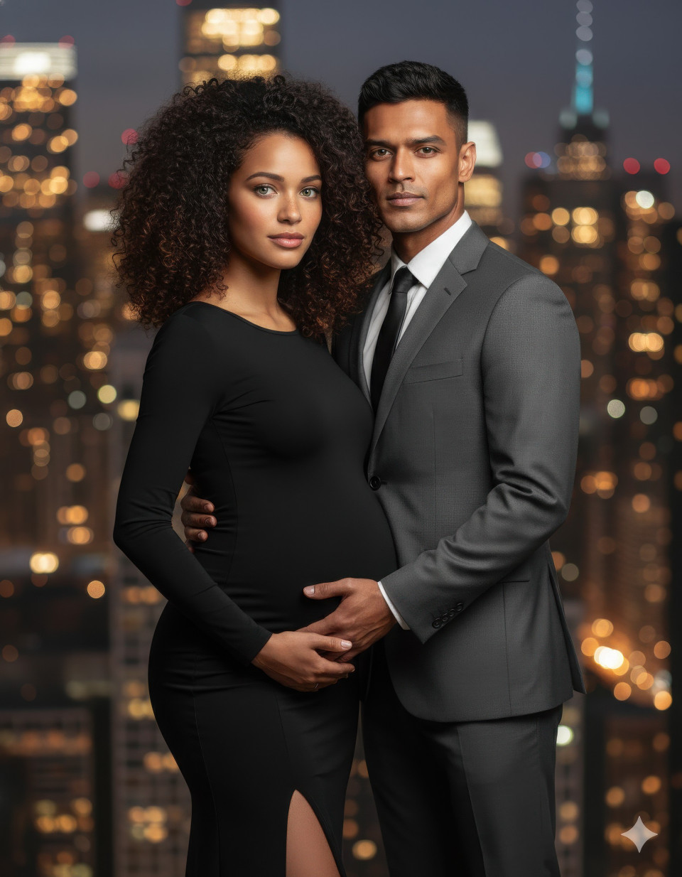 Glamorous maternity couple at city night