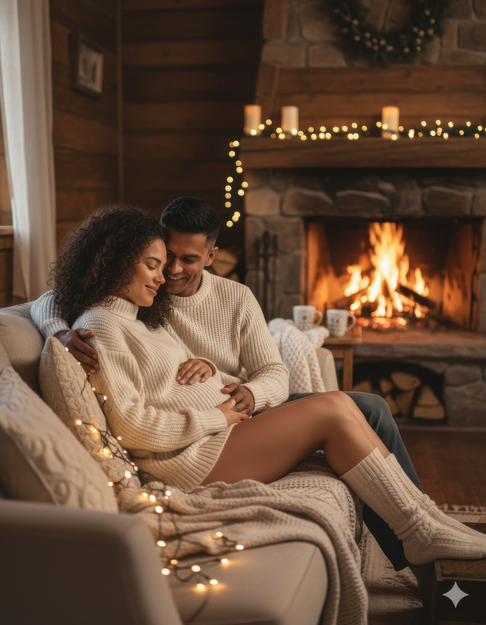 Cozy indoor maternity couple by fireplace
