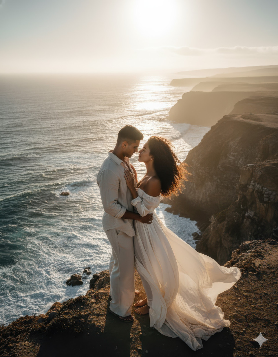 Adventurous couple standing on cliff overlooking ocean